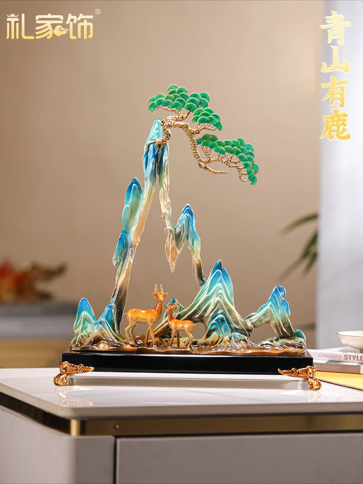 

Enamel color alloy art ornament Qingshan deer new Chinese home living room wine cabinet entrance creative decoration