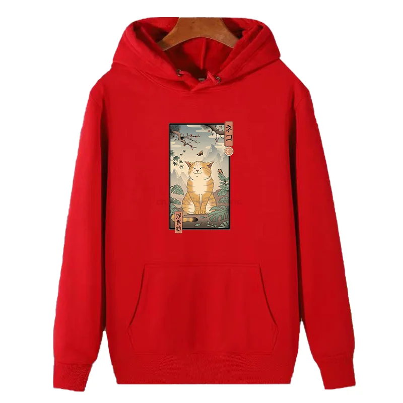 Japanese Fashion Street Huge Cat Graphic Hooded Sweatshirts Winter Essentials Pullovers Thick Sweater Hoodie Men's Sportswear