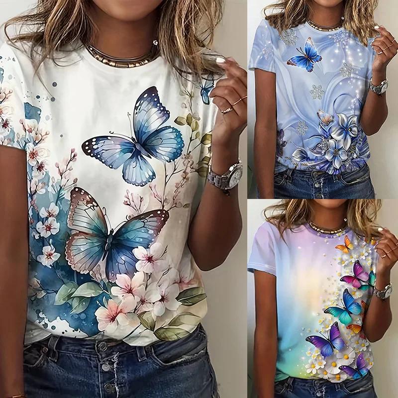 Fashion Women's Crew Neck Short Sleeve T-shirt Printed 3D Butterfly Oversized Women's Loose Top T-shirt Summer Casual T-shirt