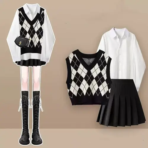 Autumn and Winter New Diamond Splicing Vest Knitted Vest White Shirt Pleated Skirt Three Piece Set Elegant Women's Skirt Set - Image 4