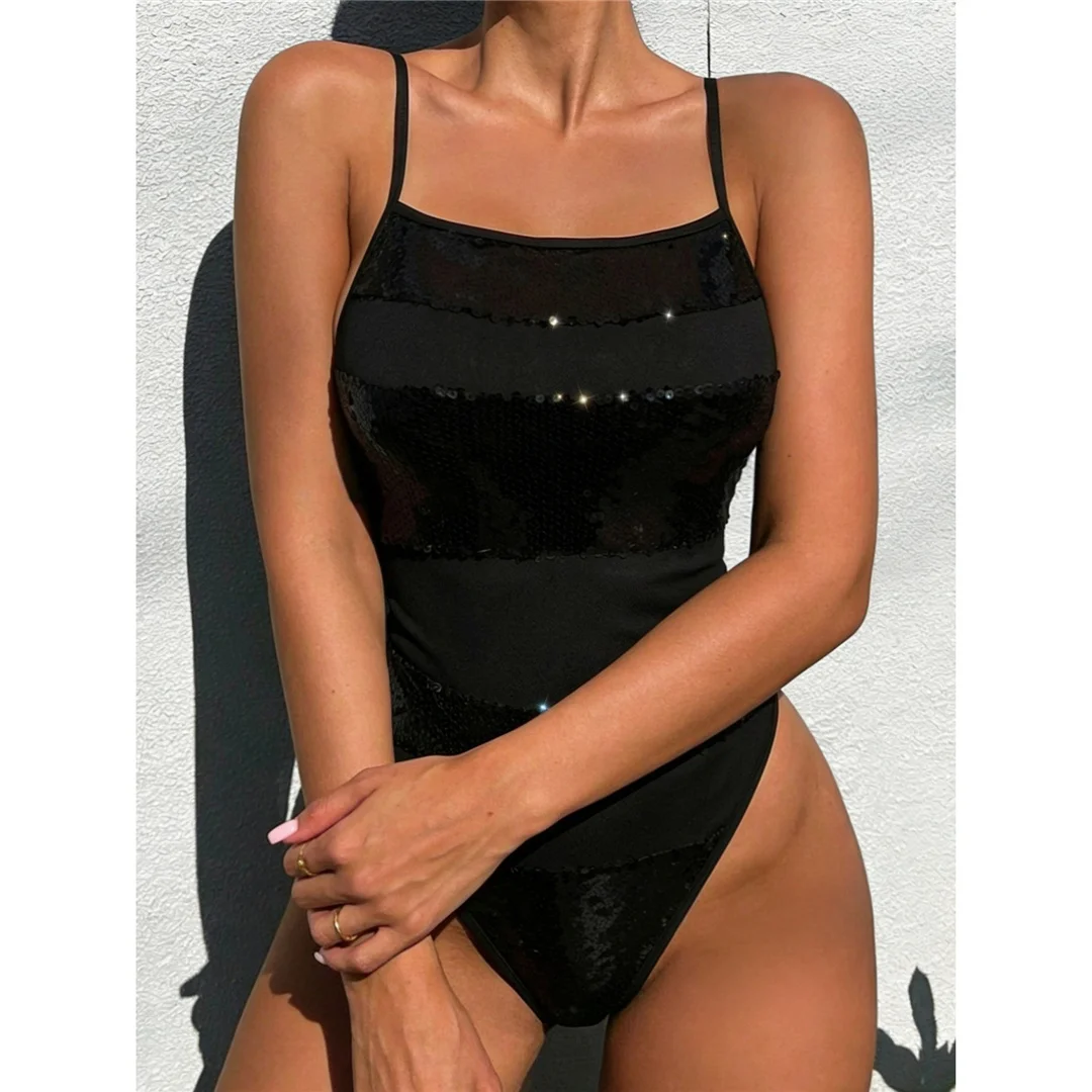 Glitzernde Pailletten, Damen-Badeanzug, einteiliger Badeanzug, weiblicher Badeanzug mit hohem Beinausschnitt, Monokini, gepolsterter Badeanzug, Badebekleidung, Badeanzug V8328 – Detail 4
