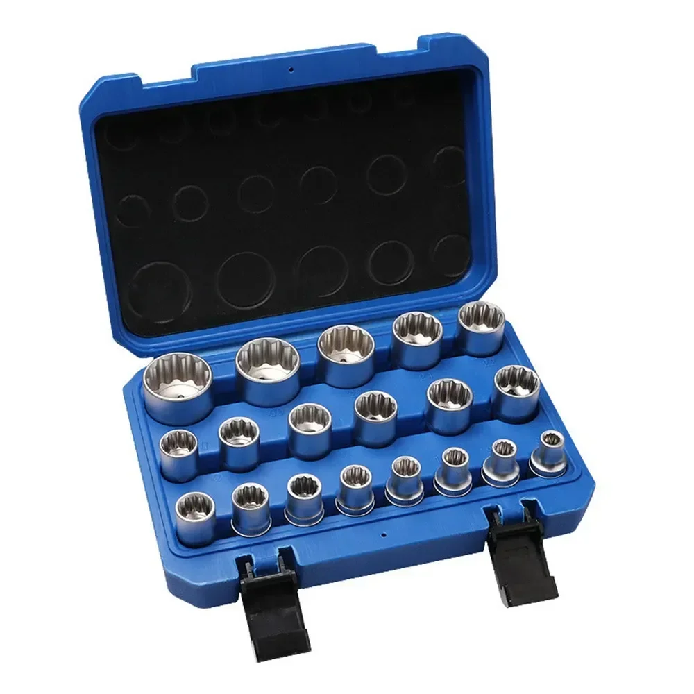 12 Point Socket Wrench Set 8-32mm with Storage Box Lock Socket Torx Hex Torx Splined Bit Sockets Set 1/2” Hex Repair Tool Kit