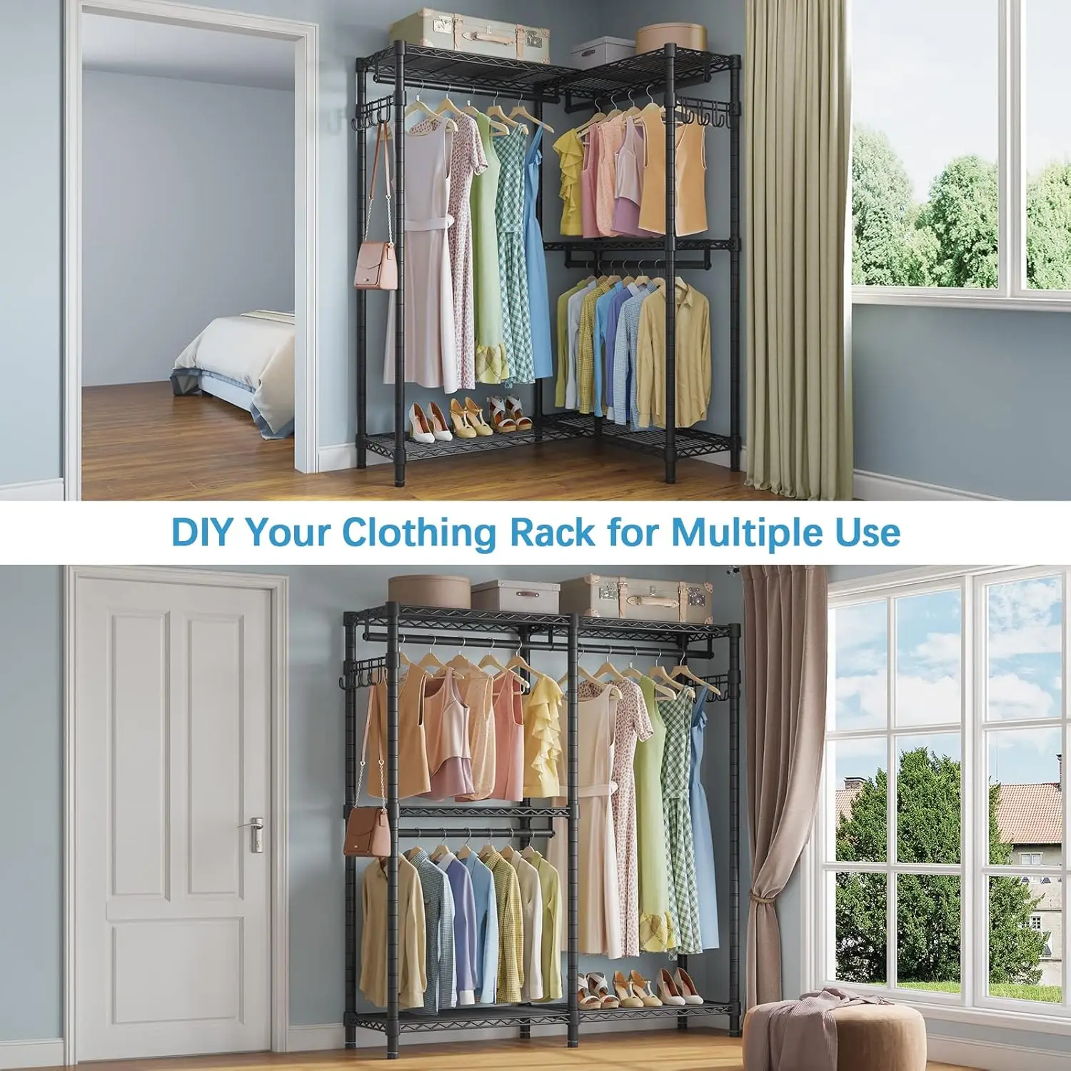 Vipek L4 Garment Rack L Shaped Clothes Rack For Corner, Freestanding Portable Wardrobe Closet Heavy Duty Clothing Rack With 3