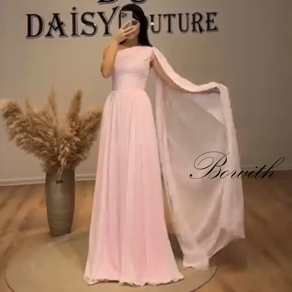 

Bowith Pink One-Shoulder Cape Sleeves Evening Dresses A-line Chiffon Elegant Long Prom Gown Customized Women Party Dresses