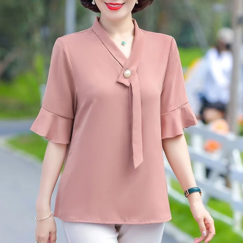 

2023 Summer Fashion Trend V-neck Stud Bead Tie Up Simple and Loose Casual Commuting Solid Color Versatile Ruffle Sleeve Shirt