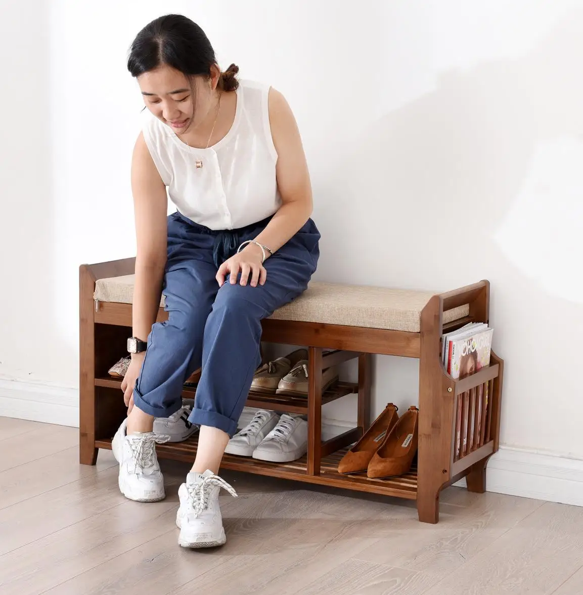 

Shoes Rack Wood Cabinet Home Shoe Cabinet Sitting Stool Integrated Light Luxury Creative Shoe Stool