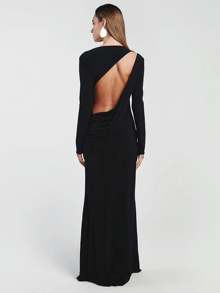 เดรสยาวทรงเอไลน์สำหรับผู้หญิง ดีไซน์หรูหราสำหรับงานกลางคืน แขนยาว คอทรงกลม ตัดเว้าหลัง ทรงเข้ารูป ยาวคลุมเท้า เหมาะสำหรับงานปาร์ตี้