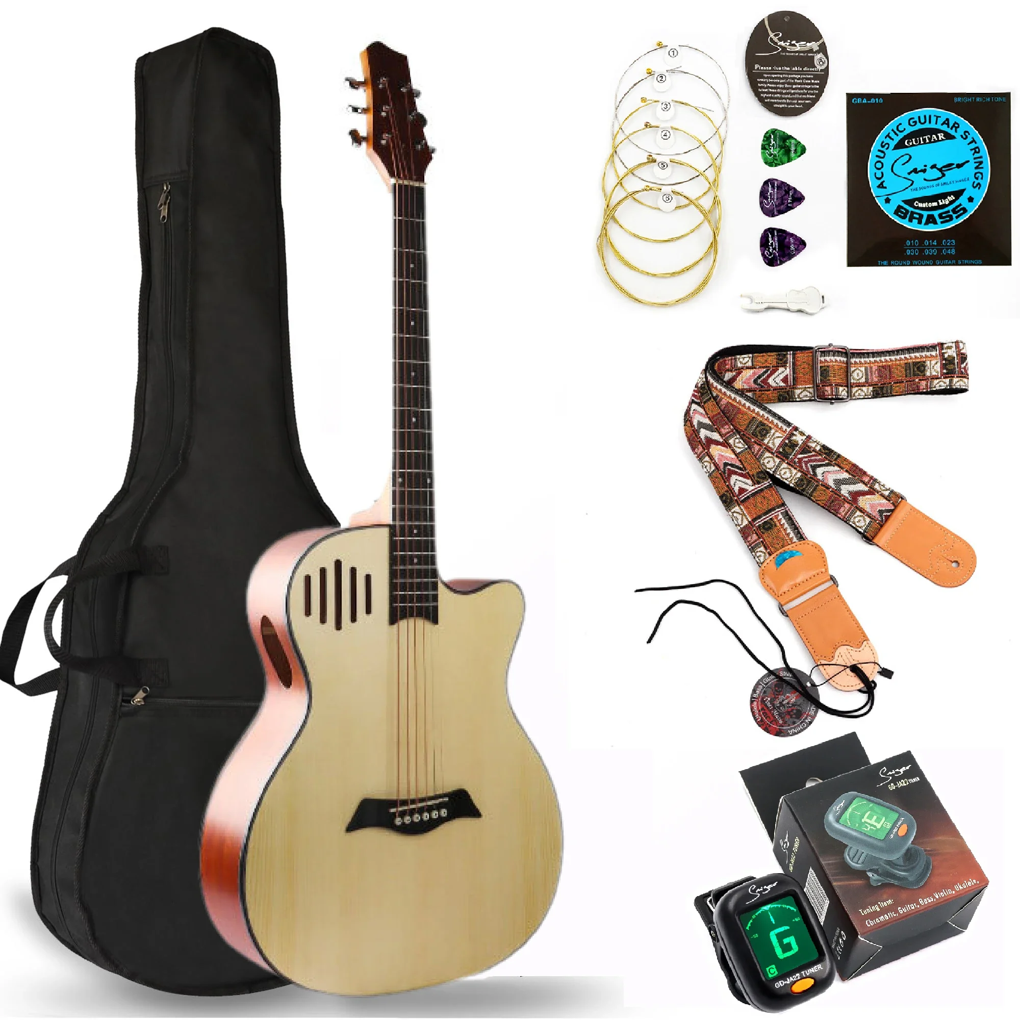 40 inchSpruce Acoustic Folk Guitar Set, Mahogany Neck, Rosewood Fingerboard, Matte Finish Guitar, Fully Enclosed String Knobs