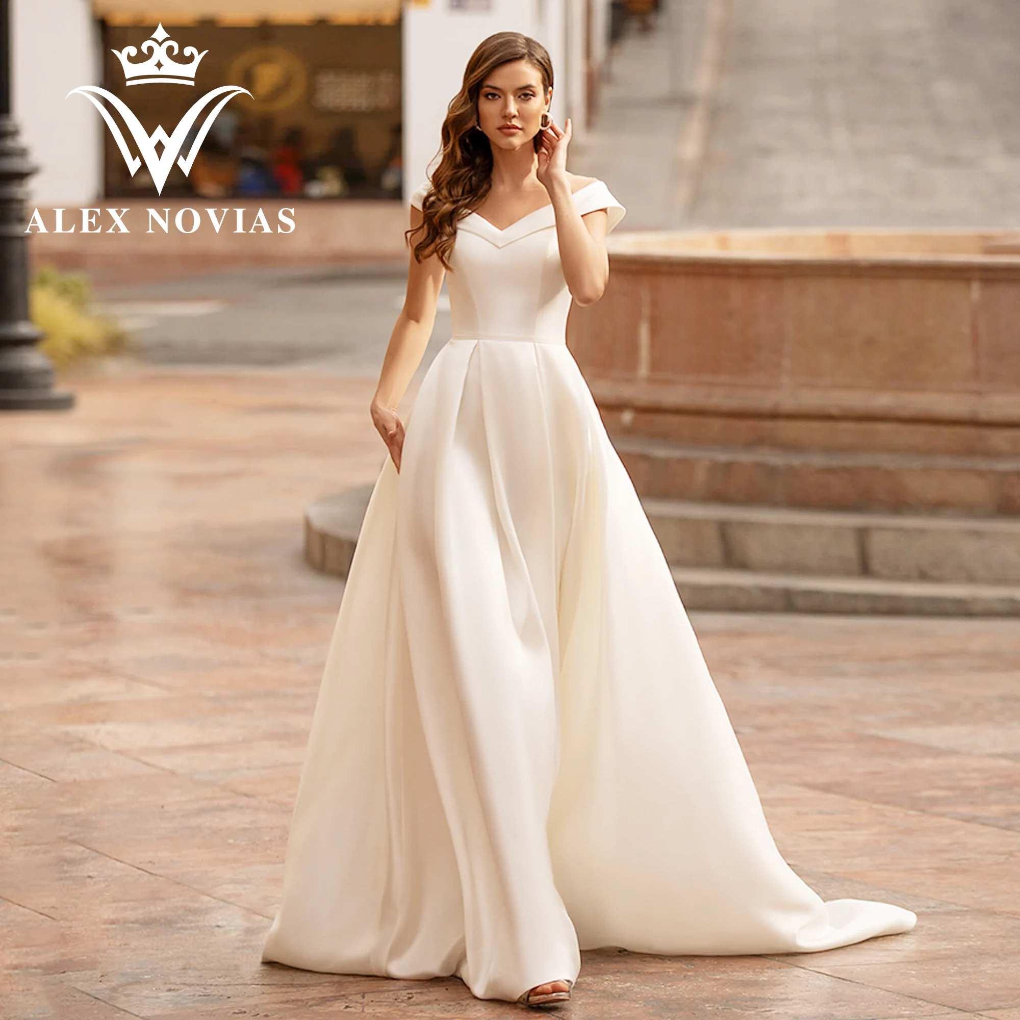 

ALEX NOVIAS A-Line Satin Wedding Dress 2023 Sexy Off the Shoulder Semi-Transparent Button Wedding Gown Vestidos Novias De Saten