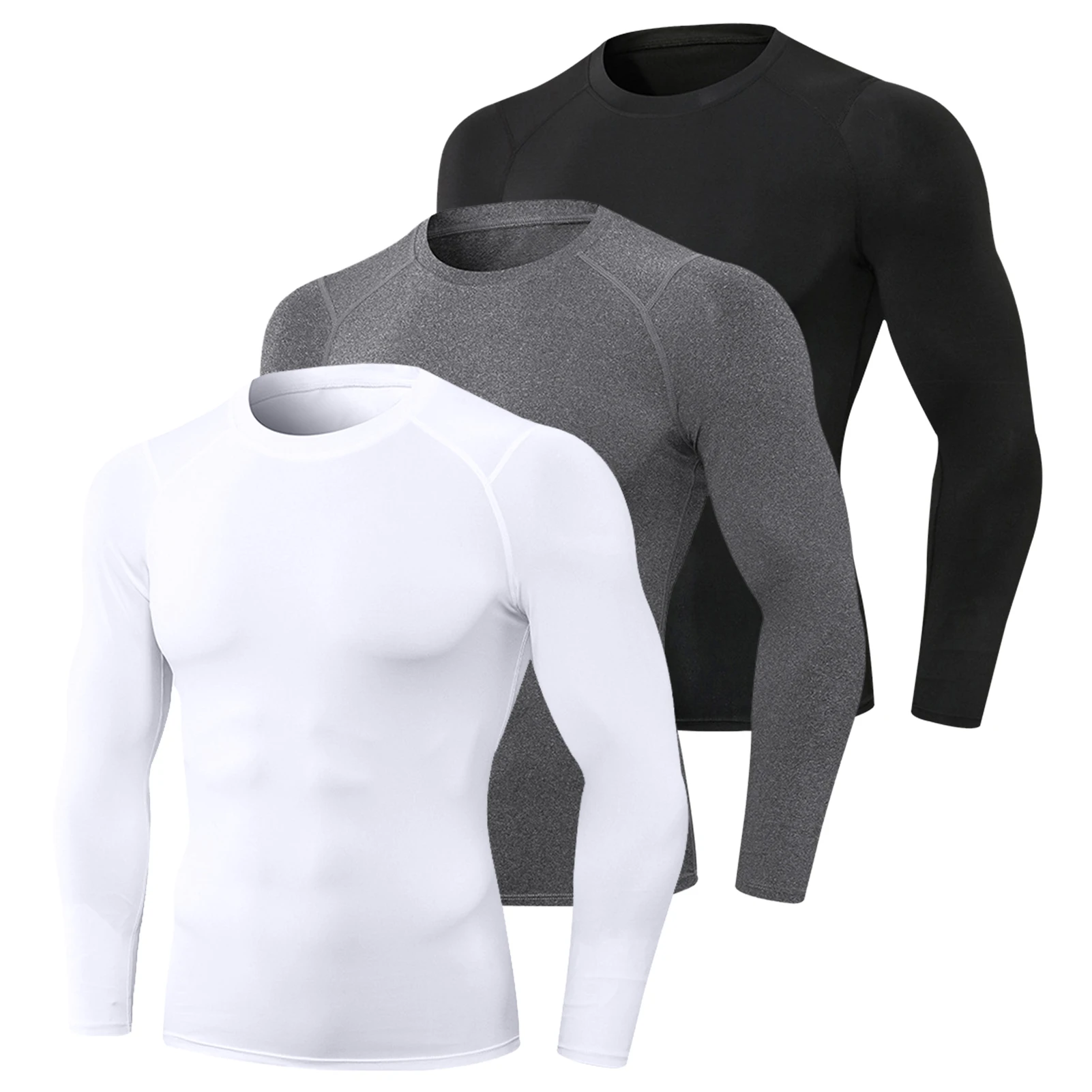 

3pcs Men's Athletic Long Sleeve Compression Shirts Quick Dry Workout T-Shirt Running Tops Elastic Tight Thermal T-Shirts