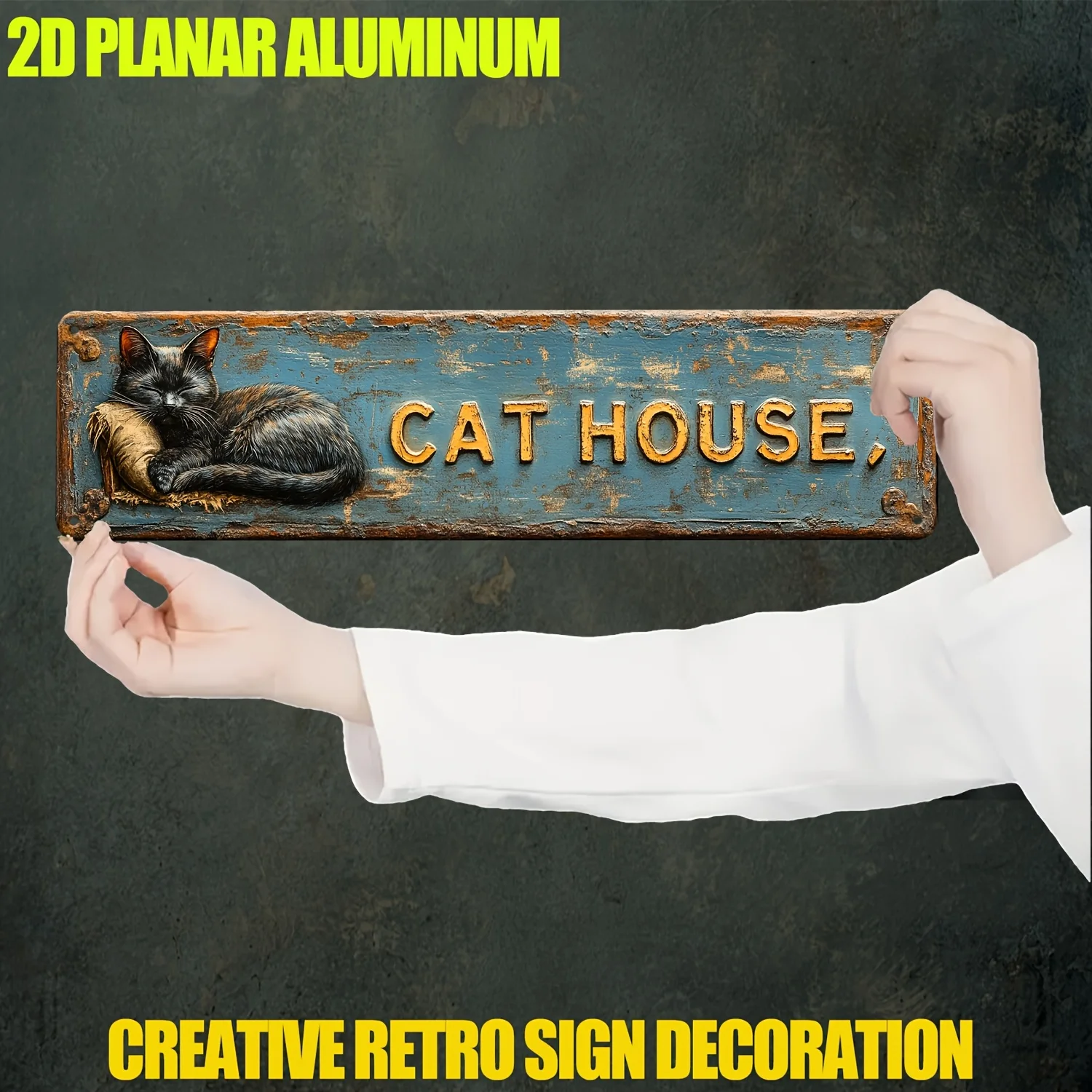 2D Flat, 1pc CAT HOUSE Wall Sign - Cat-Themed Aluminum Hanging Decoration with UV-Resistant Outdoor/ Use Suitable for Farmhouse view 4