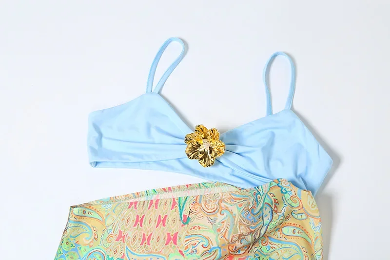 Paisley Print Patchwork Camisole Maxi Dress 2025 New Women Gold Metal Flower Spaghetti Straps Backless Holiday Beach Long Robe