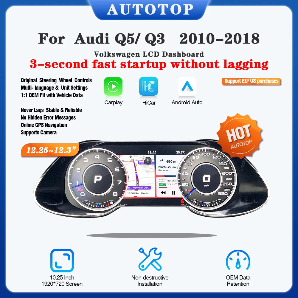 AUTOTOP Linux 12,25" HD-Bildschirm Carplay AndroidAuto Instrument Cockpit Cluster für Audi Q5 Q3 2010-2018 LCD-Panel-Tachometer