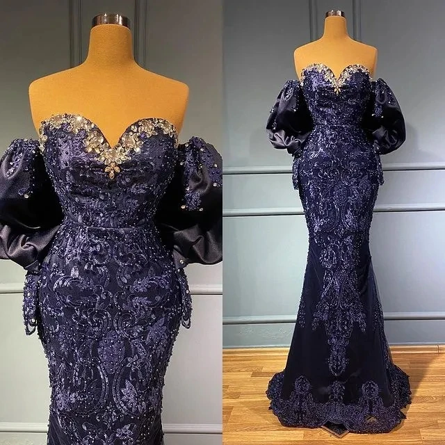 Abiti da sera africani di lusso Aso Ebi Mermaid Sweetheart Lace Pearls Long Dubai arabia saudita Black Girls abito da sera Prom