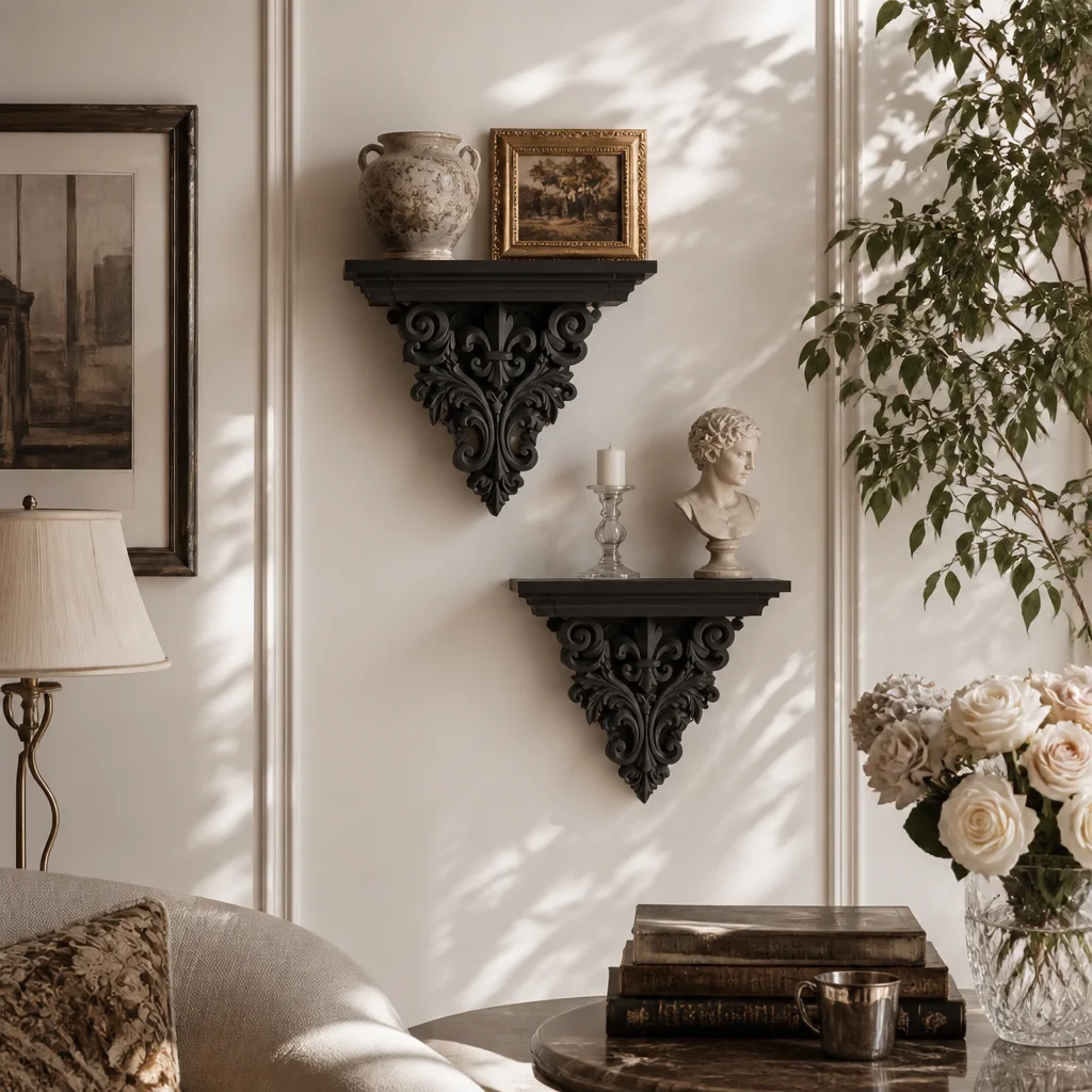 Vintage Ornate Floating Wall Shelf, Black Resin Decorative Corbel Bracket Shelf for Candles Figurines Entryway Decor