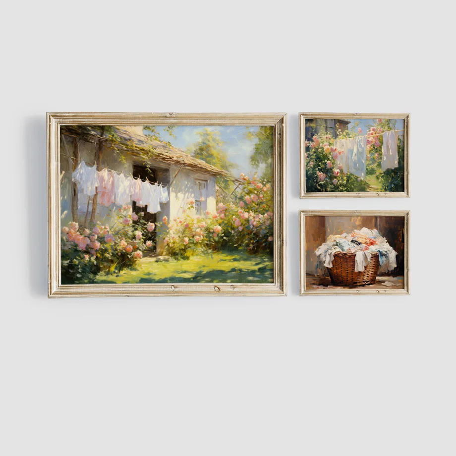 Watercolor Pastoral Washing Machine Clothes Frame Flower Wall Art Canvas Painting Prints Picture Living Room Interior Home Decor