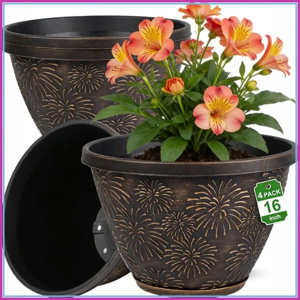 4 Pack 16 Inch Large Plant Pots with Drainage Holes and Saucers, Embossed Resin Planters for Indoor Outdoor, Home Decor