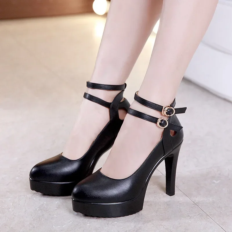 11cm Small Size 32-43 Ankle Buckle Platform Pumps Women Fall 2024 Stilettos High Heels Shoes Soft Leather for Office Model Party