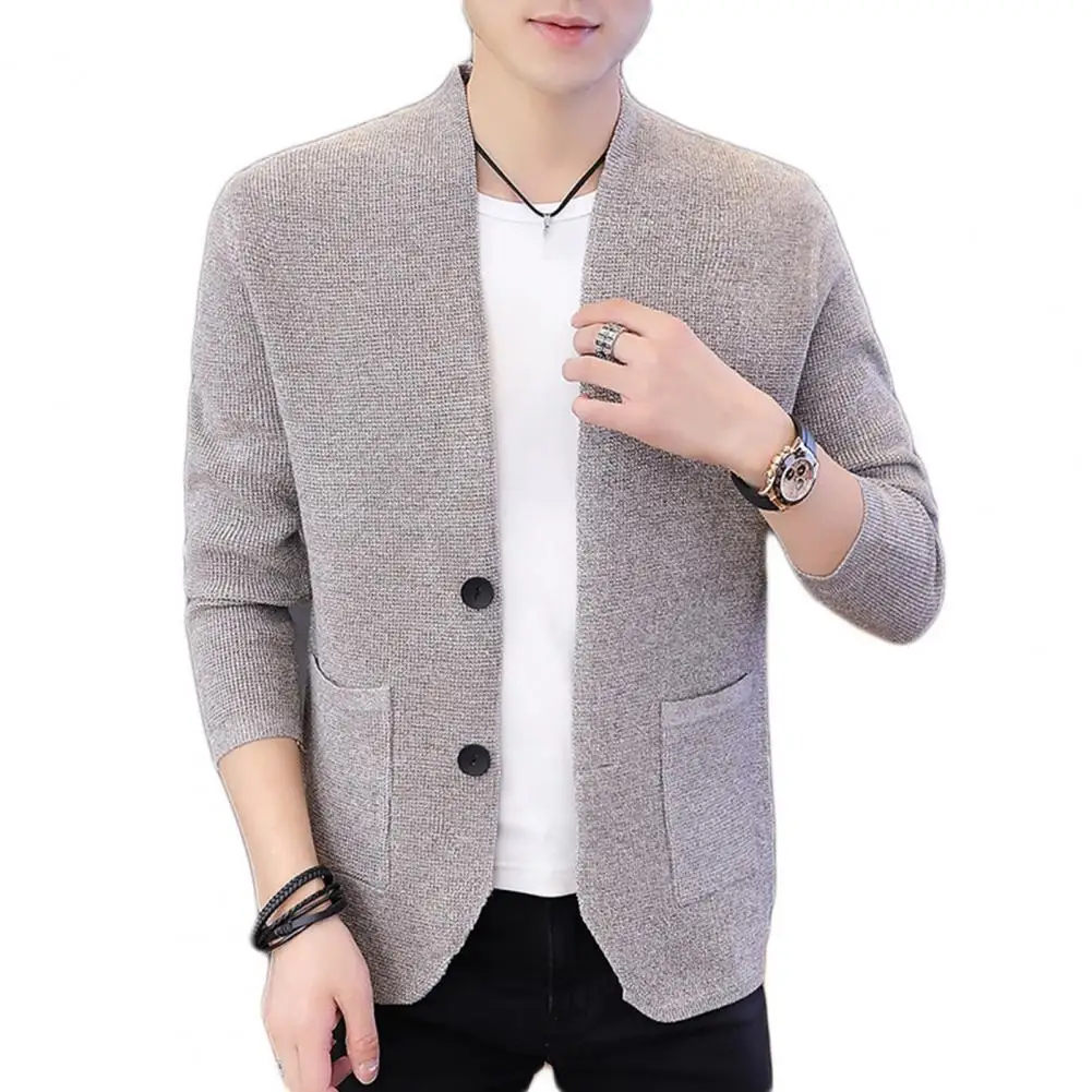 Men Knitwear Coat Single-breasted Color Elastic Cardigan Slim Fit Soft Warm Pockets Long Sleeve Men Fall Winter Sweater Coat