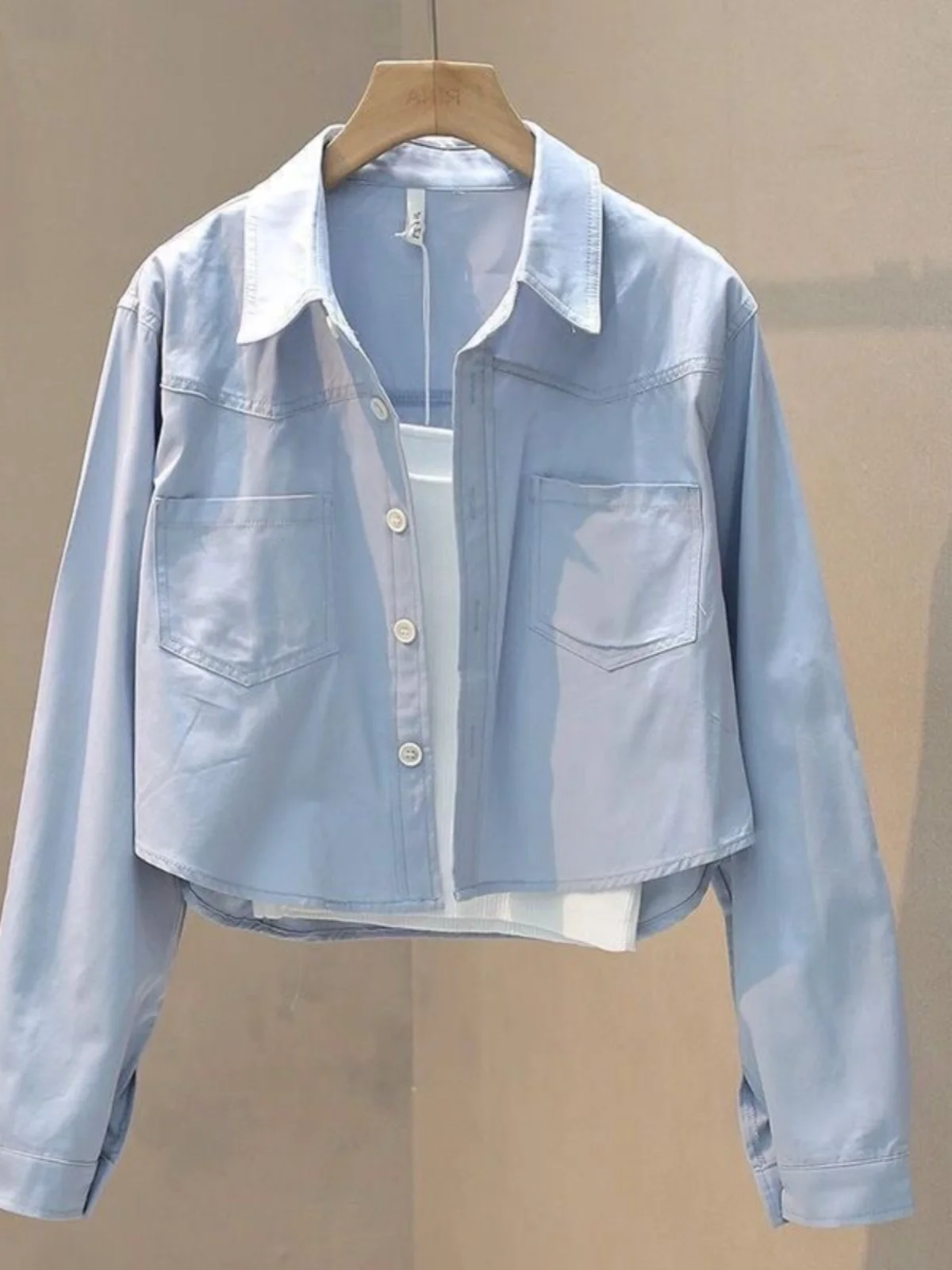 Short-Sleeved Pastel Blue Workwear Shirt Women's Spring Autumn Long Sleeve Sun Protection Top Chic Early Autumn Shirt