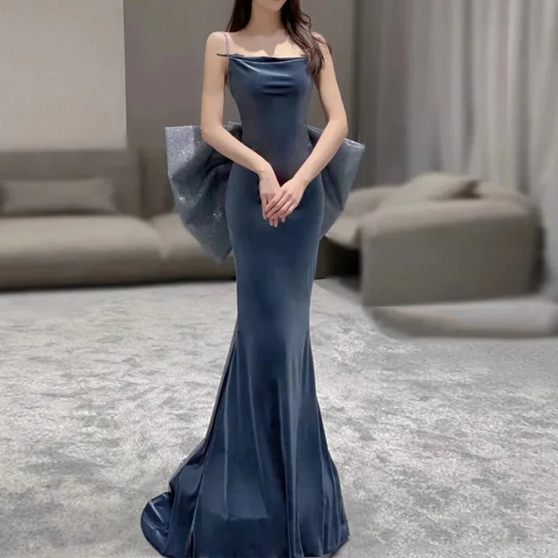 Customized Haze Blue Velvet Prom Evening Dress Mermaid Rhinestones Spaghetti Strap Sleeveless Back Bow Elegant Sweep Train Celeb