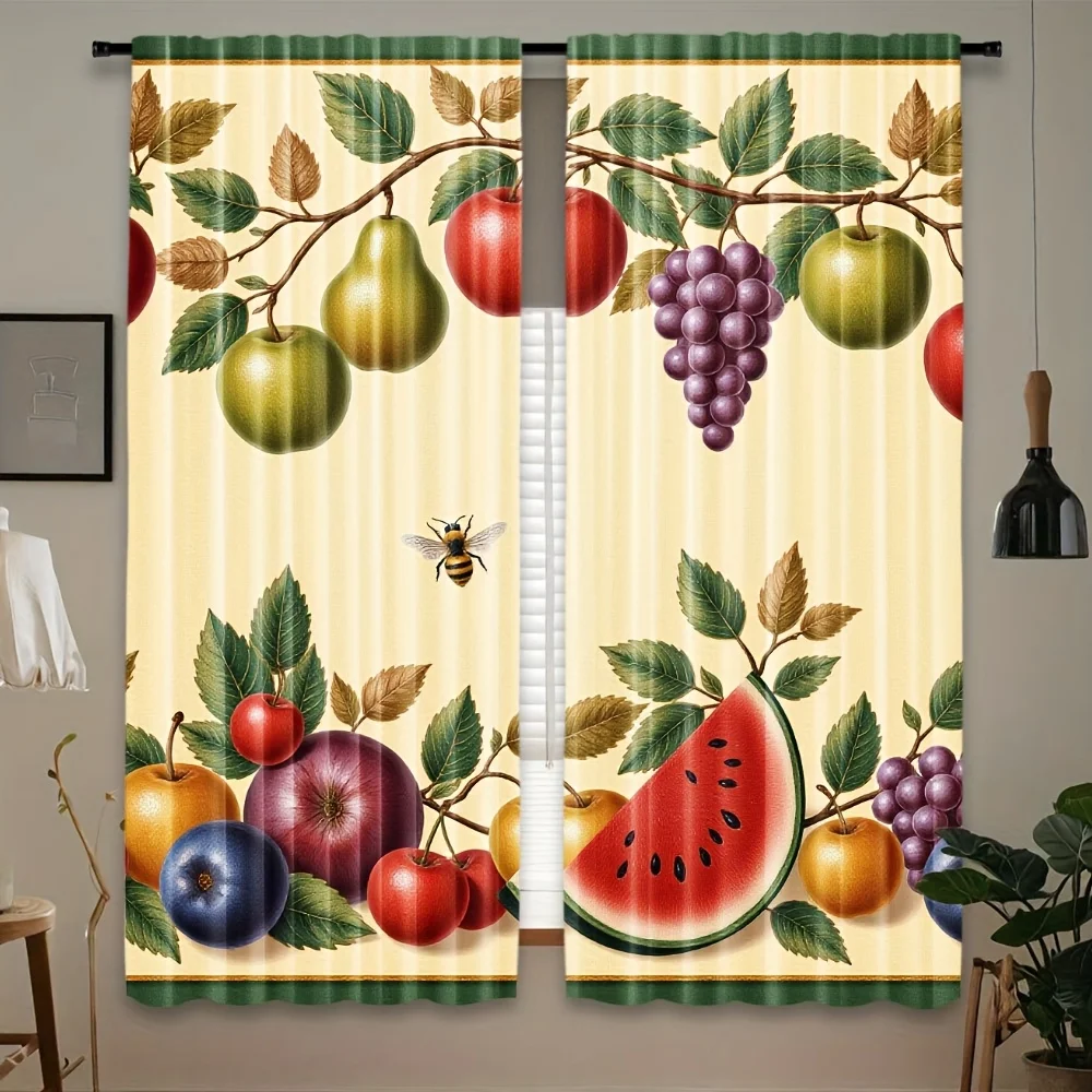2pcs Vintage Fruit Bee Kitchen Curtains Blackout Drapes for Dining Room Cottagecore Decor Apple Pear Watermelon Print Window