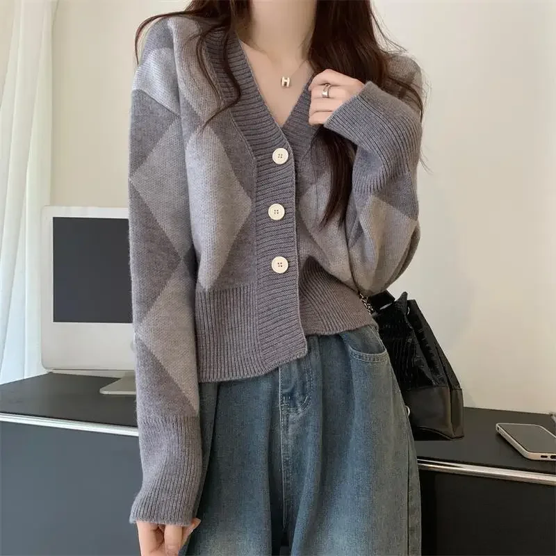 Graphic Grey Cardigan Knitted Top for Women V-neck Winter Button Ladies Sweaters Plaid Clothes Thermal Blouse Long Sleeve New In