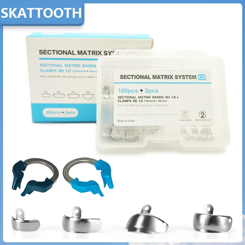 Dental Sectional Contoured Matrix System (100pcs Matrix Bands + 2pcs Nickel Titanium Clamping Ring ) Tooth Restoration Materials