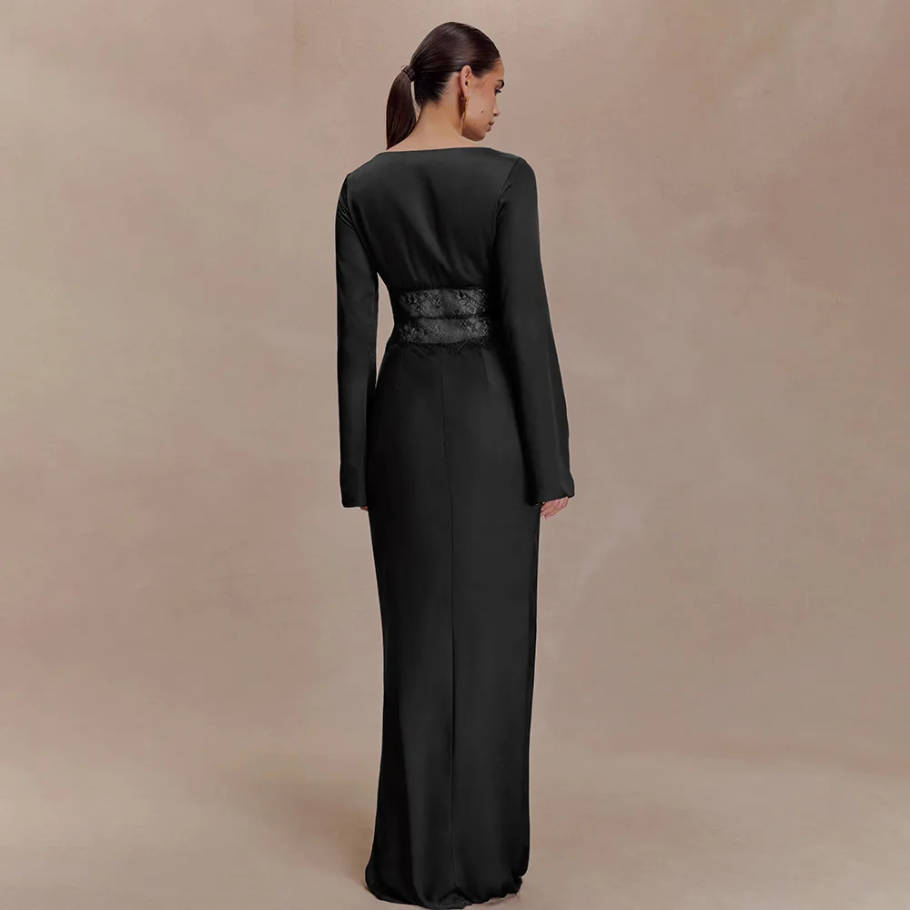 Apprabant Sheer Lace Ptachwork satén elegante vestido largo de noche mujeres Sexy cuello en V profundo temperamento ajustado vestido largo ropa de fiesta