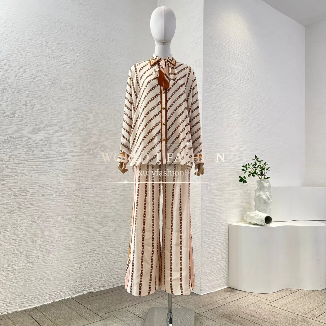 

High Quality Beige Chain Print Long Sleeve Lapel Blouse Tops and Beige Chain Print Pants Set