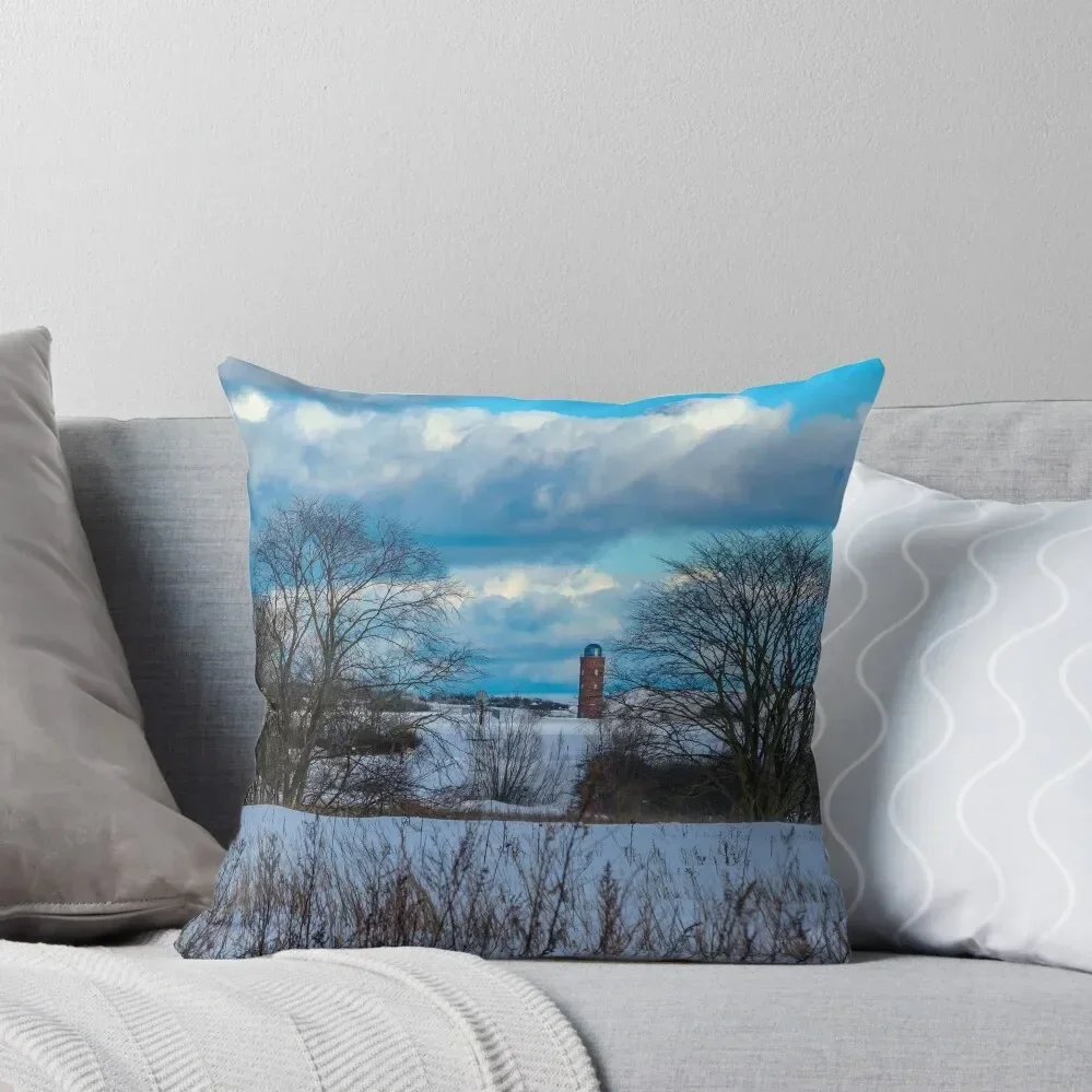 Lighthouse at Kap Arkona, Rügen Island, Germany in the snow Throw Pillow luxury home accessories pillow