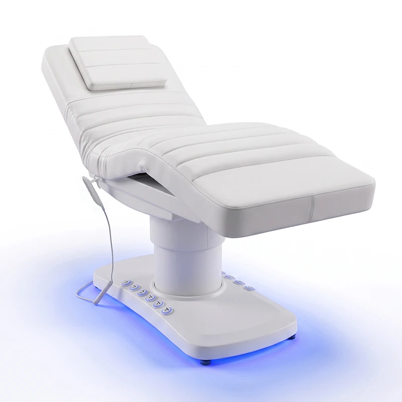 Electric Beauty Bed White PU Leather Facial Bed Height Adjustable Backrest Leg Rest LED Light for Salon Spa Esthetician Tattoo