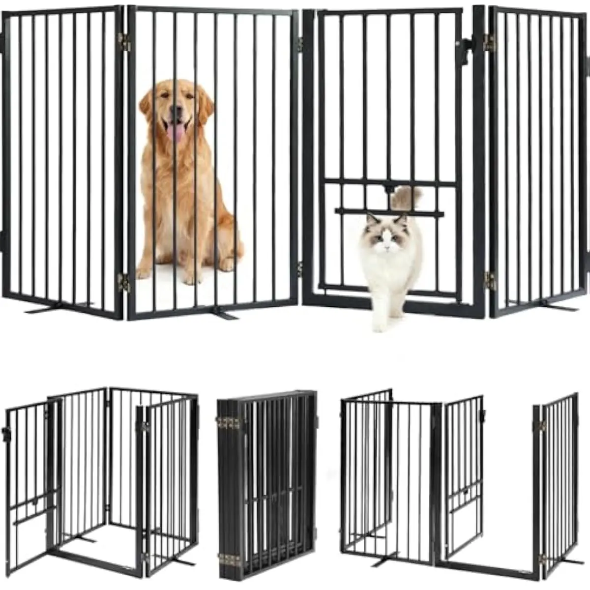 Sturdy freestanding metal pet barrier designed for versatile indoor and outdoor use featuring integrated small pet access panel