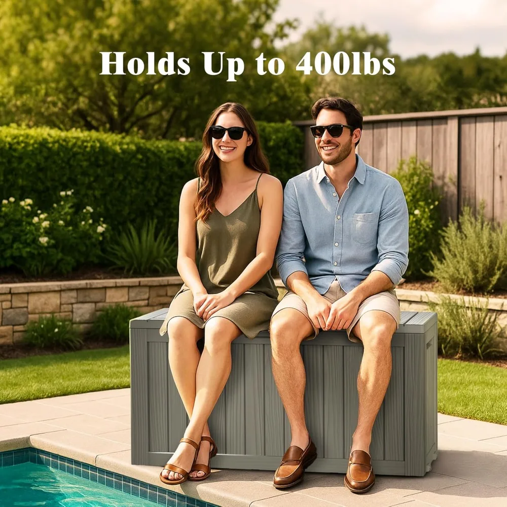 صندوق تخزين خارجي مقاوم للماء 72 جالونًا، صندوق سطح من الراتنج قابل للقفل مع مقابض وقضبان هيدروليكية للاستخدام في الفناء #4