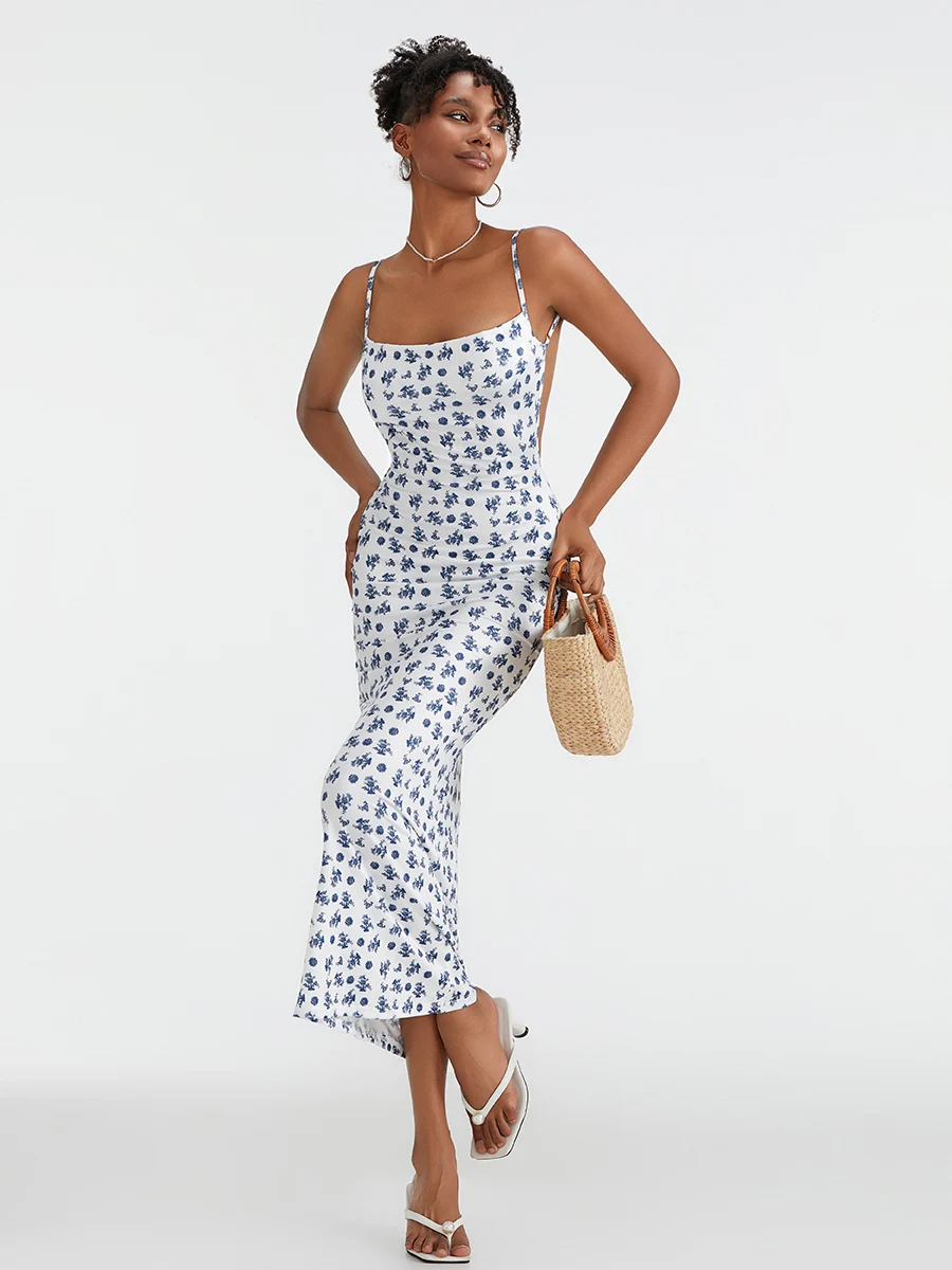 Women Floral Strapless Backless Maxi Dress Spaghetti Strap Low Cut Bodycon Long Dress Summer Going Out Cami Dress