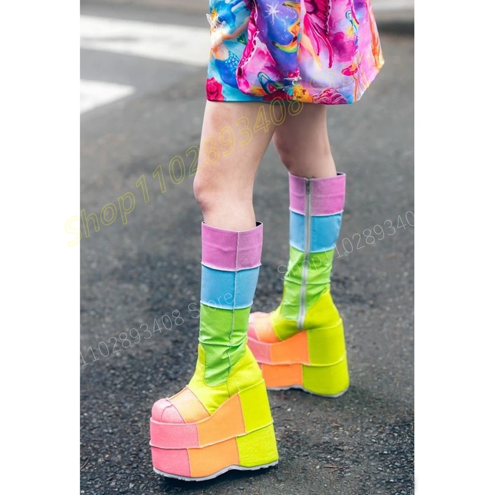 

Mutilcolor Thick Soled Knee High Boots Platform Patent Leather Wedges High Heel Party Sexy Women Shoes 2024 Zapatos Para Mujere