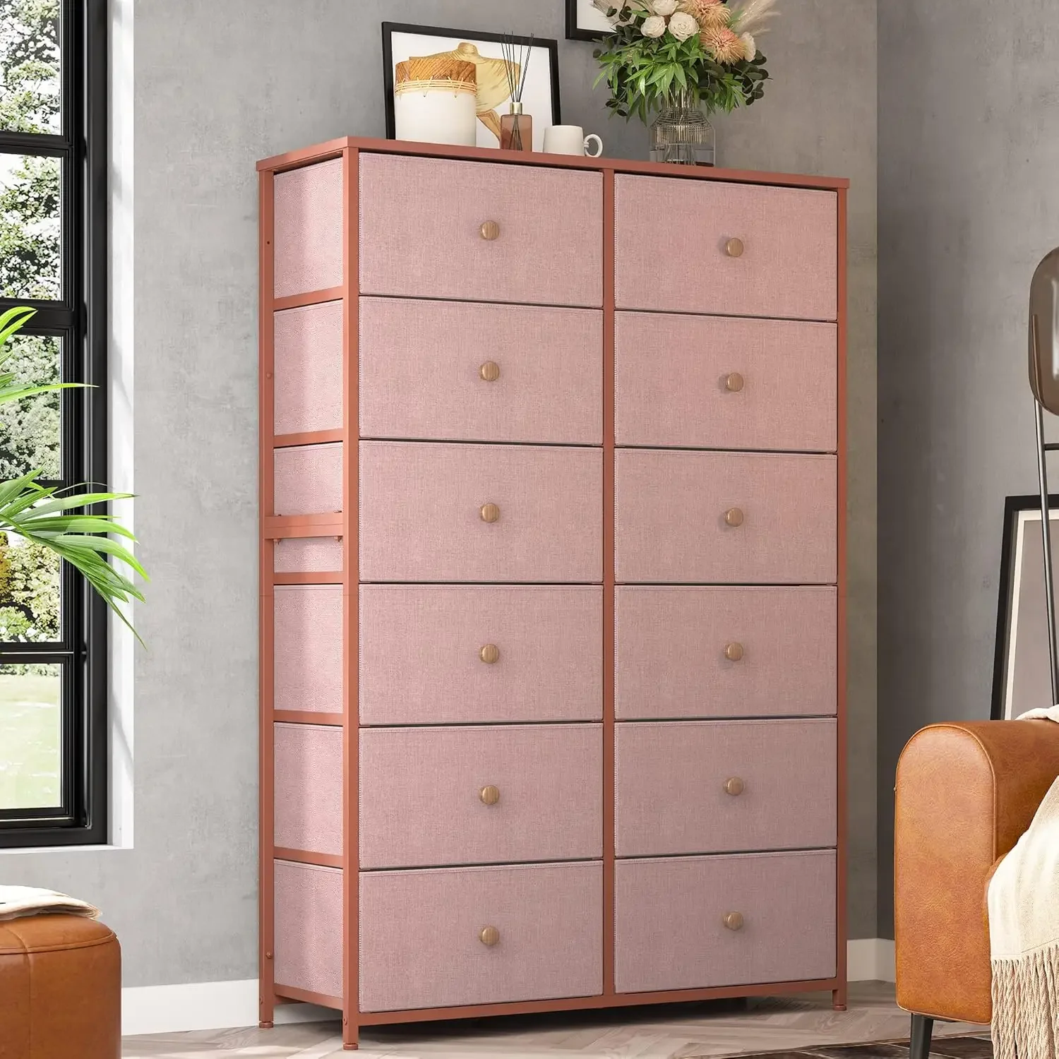 12 Drawers, Tall Dressers for Girls Bedroom with Wood Top Metal Frame, Chest of Drawers for Bedroom, Closets, Pink, 11.9