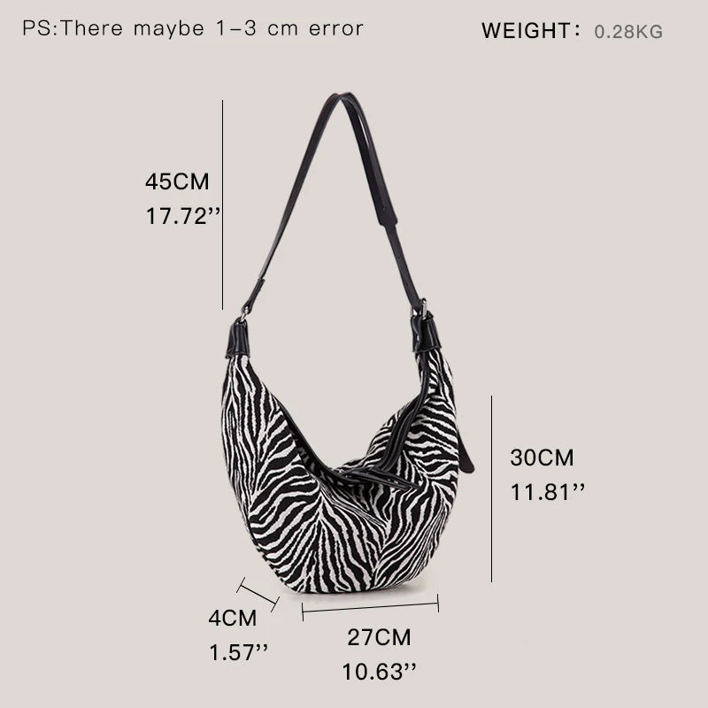 MABULA  Canvas Half Moon Women Shoulder Bags With Zebra Pattern Large Capacity Crossbody Chest Bag Fashion Purses