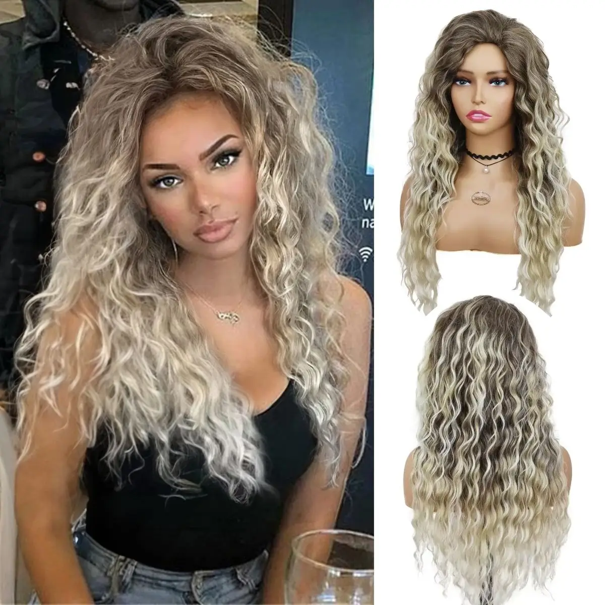 

Anxin Charming Water Deep Wave Long Curly Colors with Comfortable Rose Net Cap Synthetic Wig For Women Daily Use