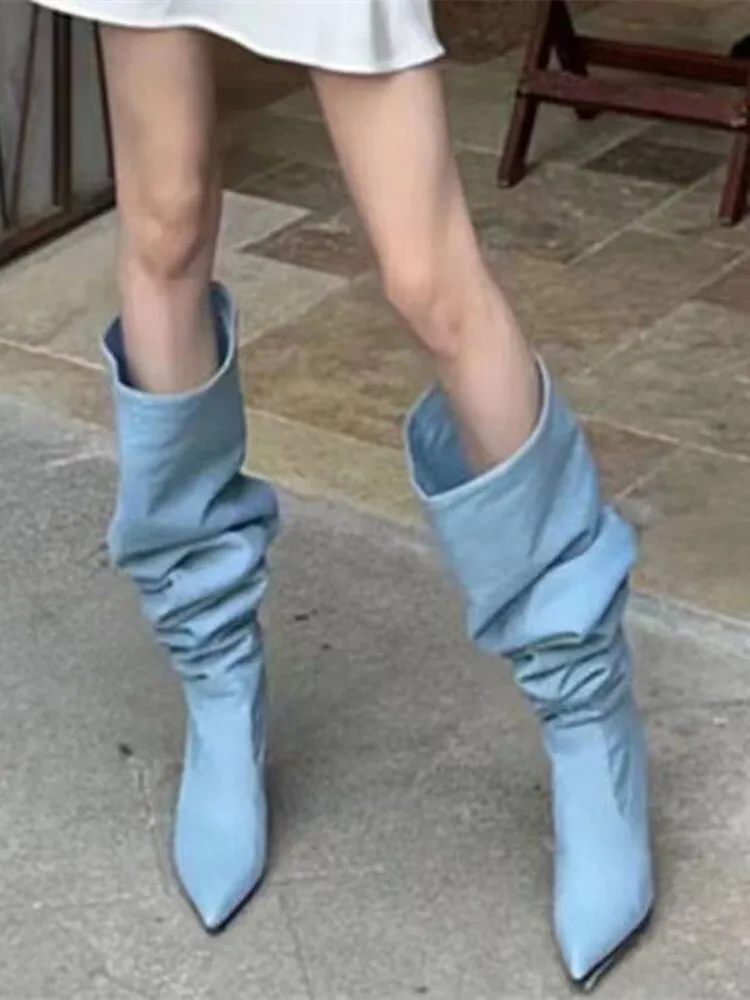 

Wide Tube Large Denim Pile Up Boots Women New Summer 2025 Pointed Toe High Heels Long Boots Thin Heels High Boots