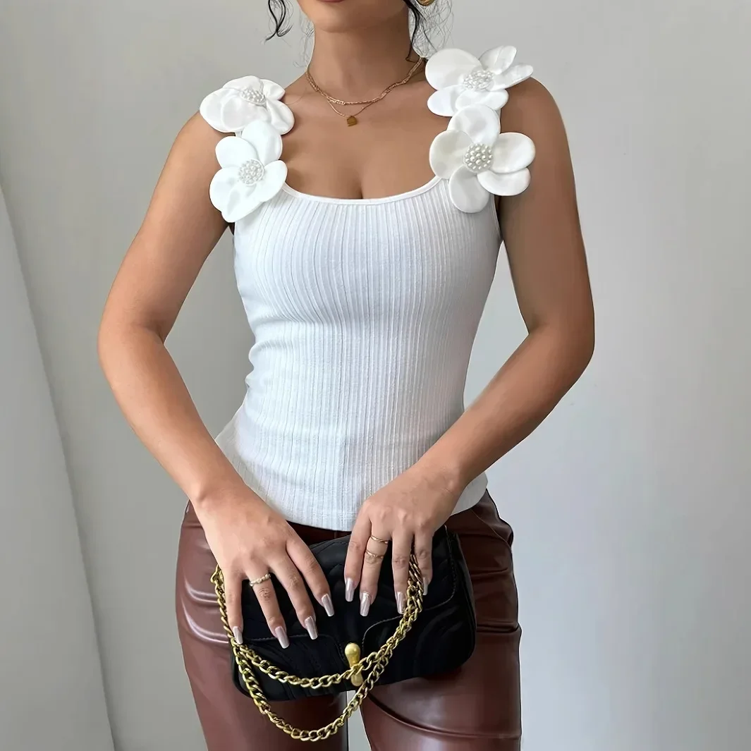 

Elegant Knitted Vest Cross-Border New Model 3D Flowers Spring Summer Women's Fashion Tank Top Polyester Fiber Mixed Fabric