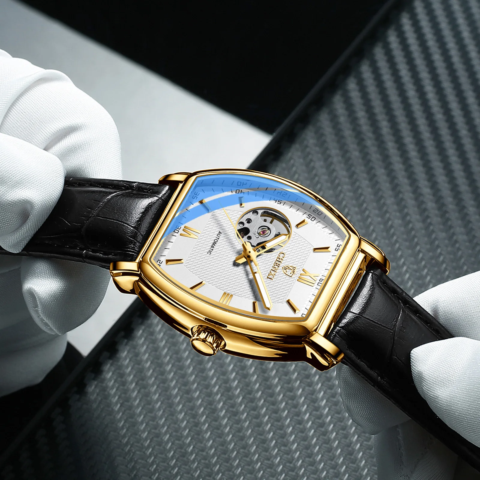 Automatic Mechanical Skeleton Man Watch Fashion Luxury CHENXI Watches For Men Business Leather Waterproof Tonneau Wristwatch