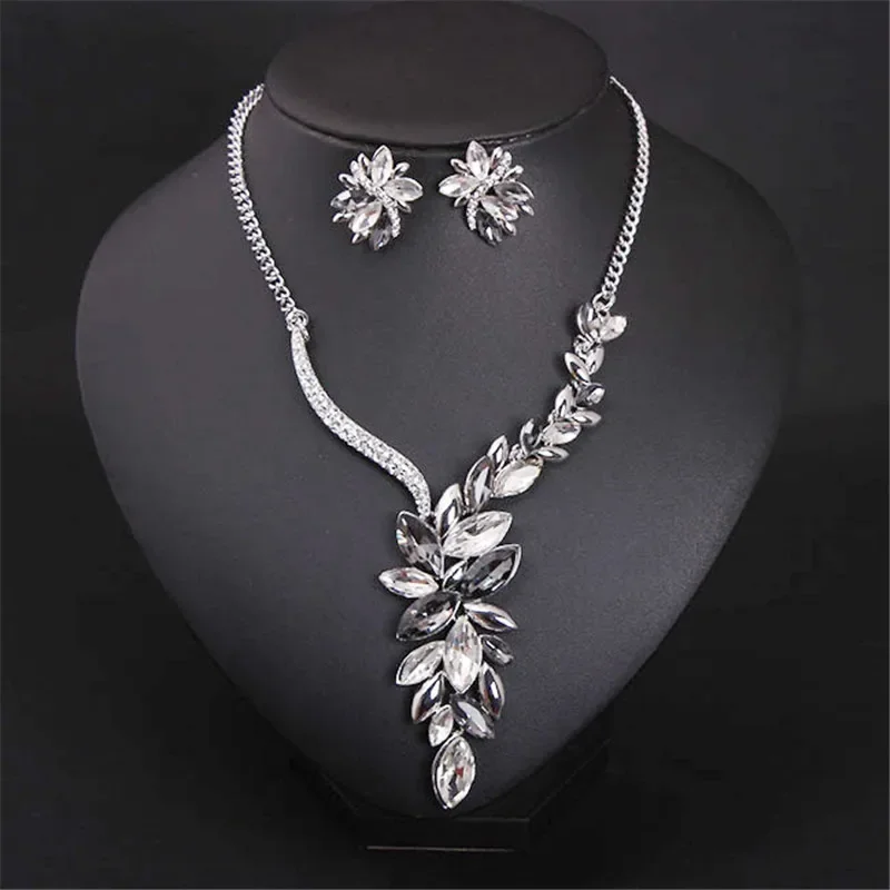 New Style Flower Leaf Crystal Rhinestone Bridal Jewelry Sets Women Statement Gold Silver Color Necklace Earrings Set For Wedding