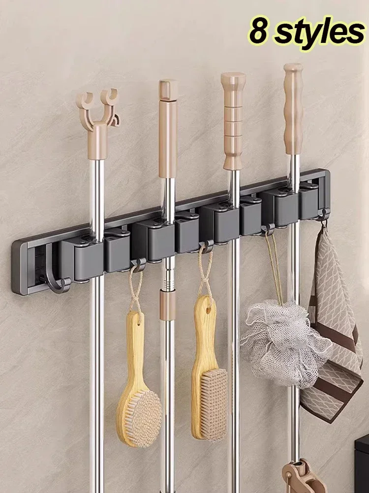 2/3/4 Hooks Mop and Broom Organizer Mop Holder Rack Mop Holder Wall Mounted Strong Broom Mop Holder Self Organizers Hang Broom