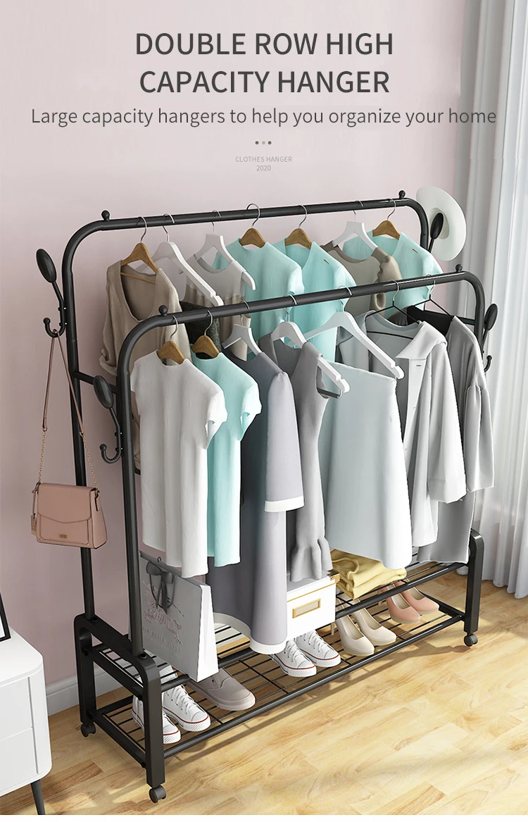 Double Rod Portable Clothing Hanging Garment Rack With Bottom Shelves
