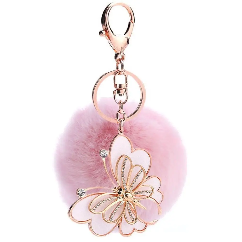 Creative Alloy Hairball Butterfly Keychain Cute Bag Hanging Plush Balls Pendant Toys Gift Car Key Keyring Bag Decor