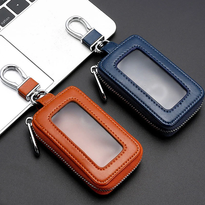 Portable Leather Car Key Case Bag Men Women Universal Car Remote Key Cover Waist Keychain Hollow Translucency Zipper Key Wallet