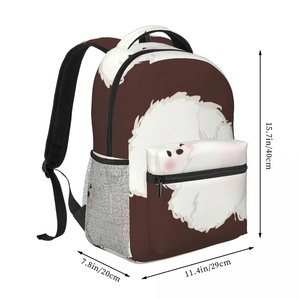 Lovely Casual Backpack Center Fluffy Puppy Whimsical Cute Brown White Black Edgy Daypack for School Work Weekend Outfit Sweet