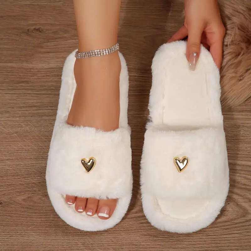 Fluffy Fur Comfortable Flat Heel Indoor Slippers Women Winter 2026 Warm Short Plush Home Slippers Plus Size House Slides Mujer