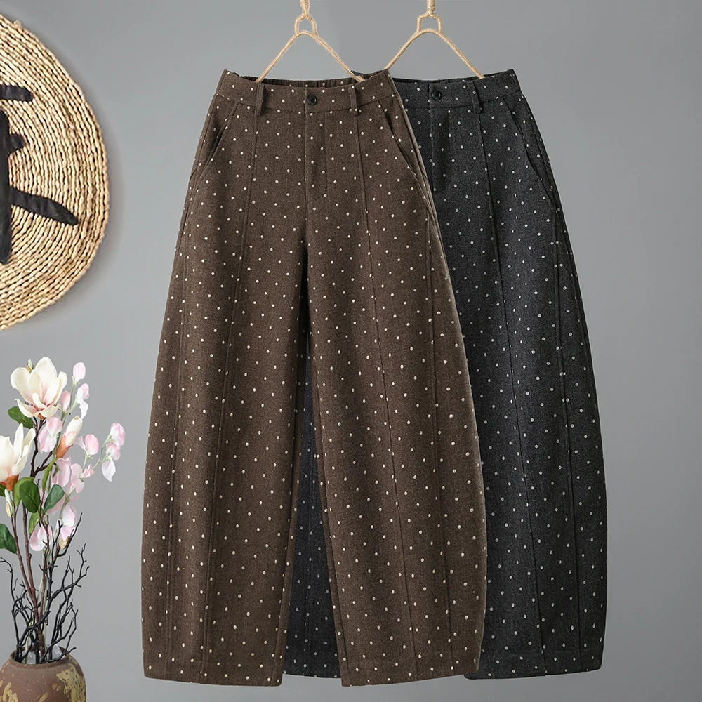 Ladies Casual Wide Leg Pants Spring Autumn Popular Checkered Nine Points Loose Fit Comfortable High Waist Trousers